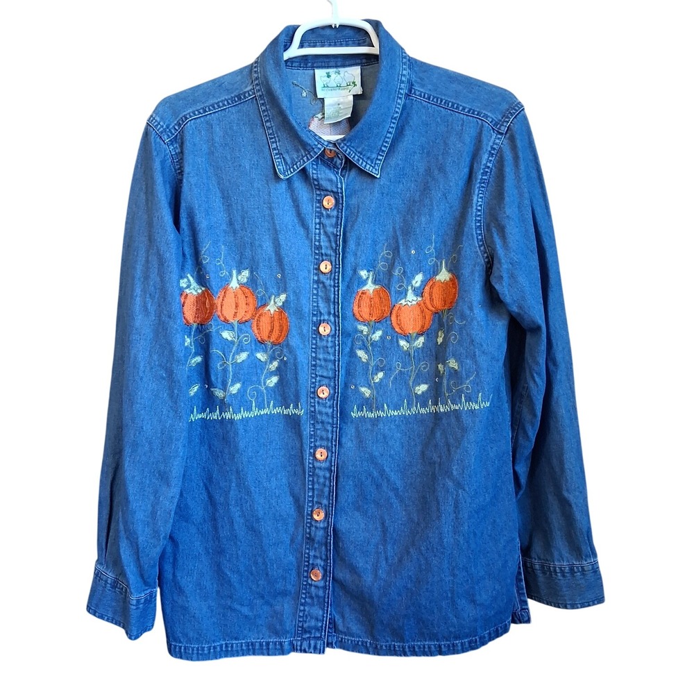 Quacker Factory Denim‎ Shirt Pumpkin Button Up LS Small EUC